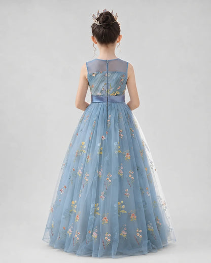 Blue Tulle A-line Girls Formal Dress Back View