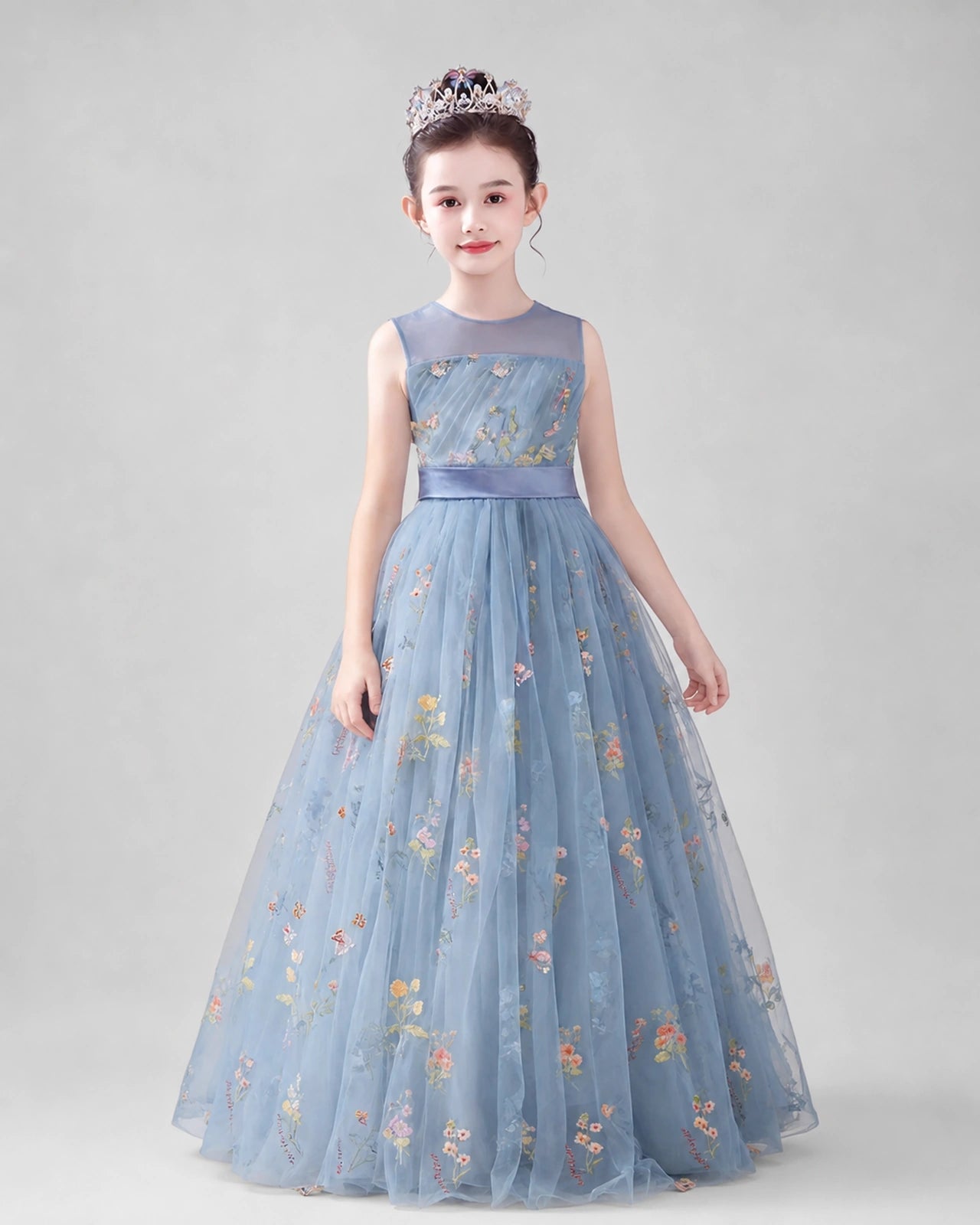 Dideyttawl Girls Formal Dress with Floral Embroidery and Illusion Tulle Skirt
