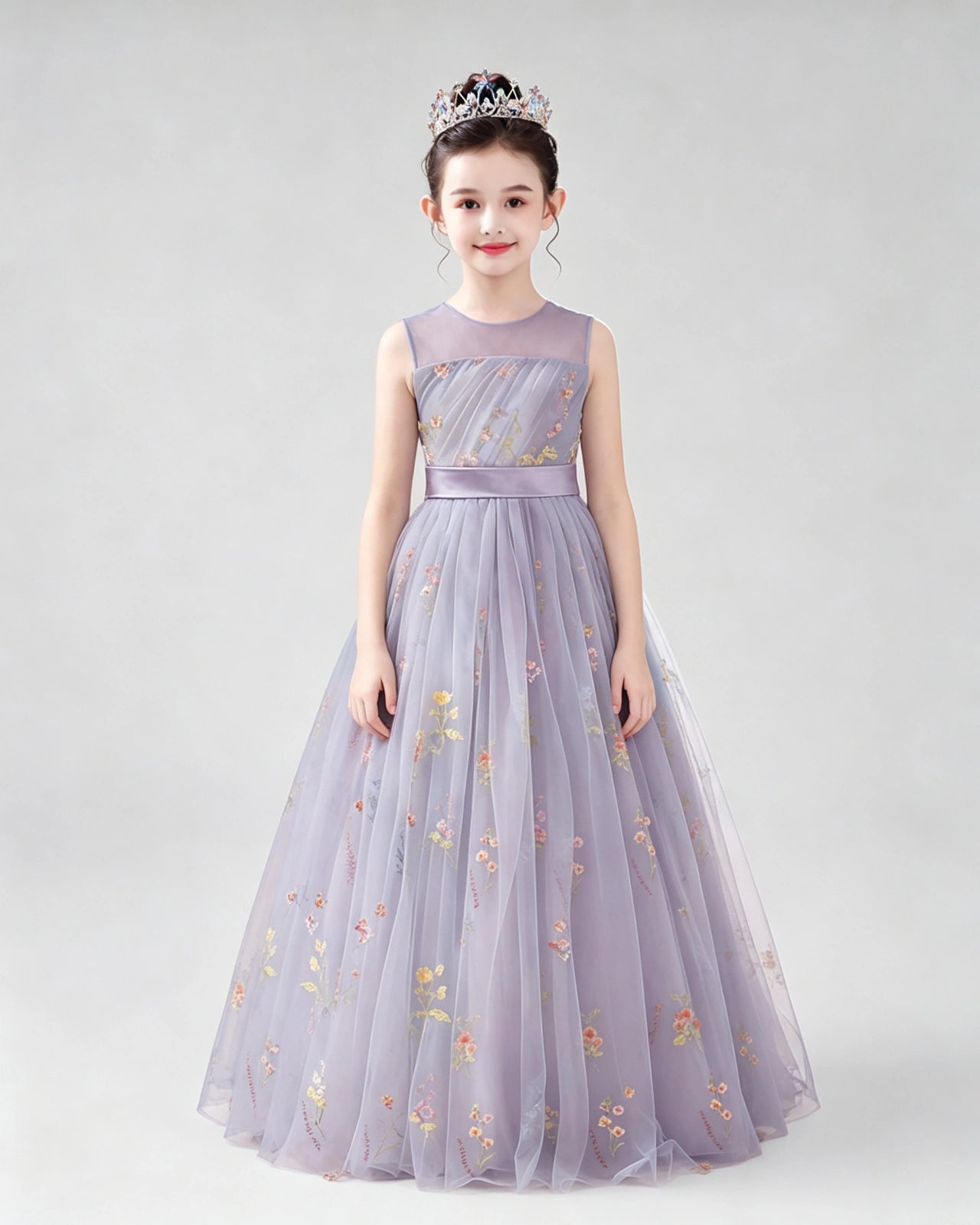 Dideyttawl Girls Formal Dress with Floral Embroidery and Illusion Tulle Skirt
