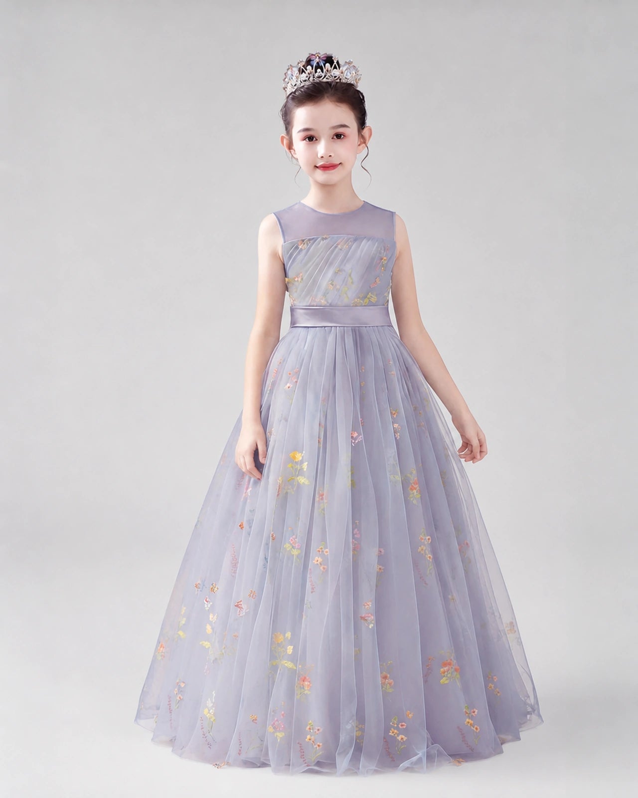 Dideyttawl Girls Formal Dress with Floral Embroidery and Illusion Tulle Skirt