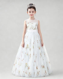 Dideyttawl Girls Formal Dress with Floral Embroidery and Illusion Tulle Skirt