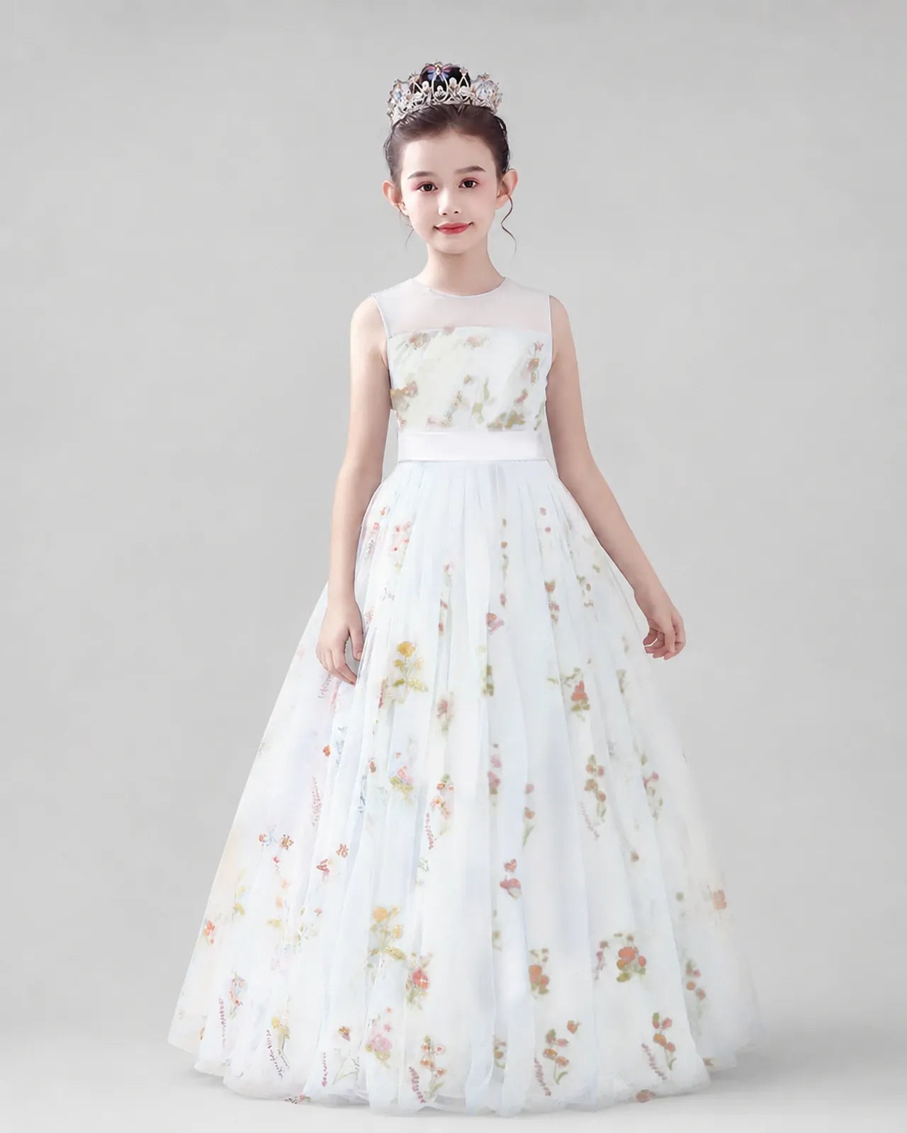 White Tulle A-line Girls Formal Dress Front View