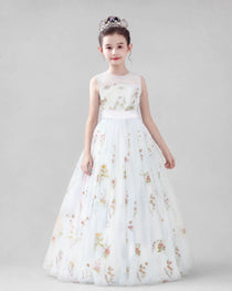 Dideyttawl Girls Formal Dress with Floral Embroidery and Illusion Tulle Skirt