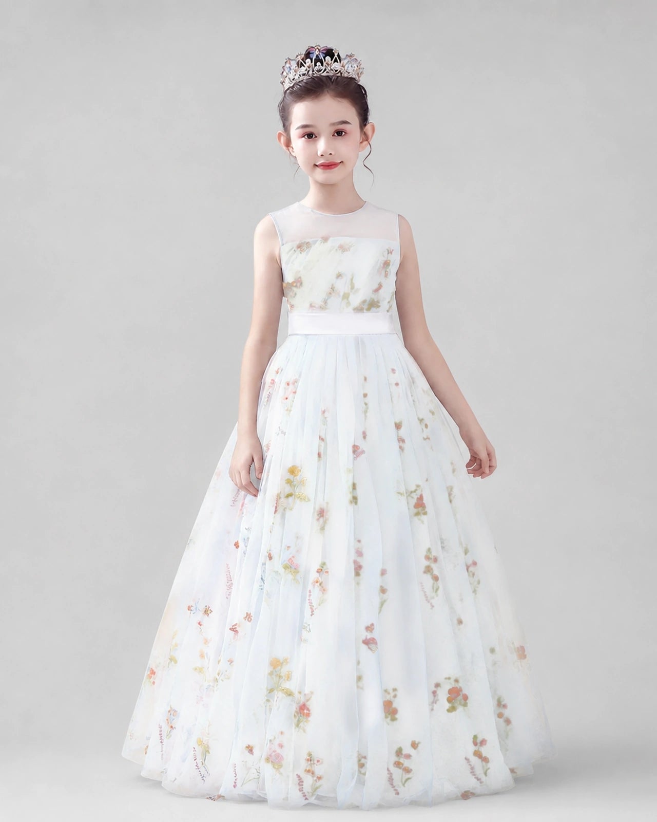 Dideyttawl Girls Formal Dress with Floral Embroidery and Illusion Tulle Skirt