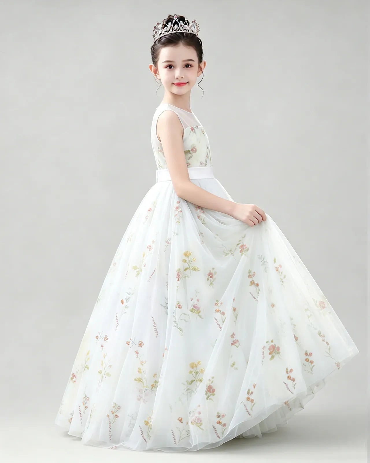 White Tulle A-line Girls Formal Dress Side View