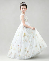 Dideyttawl Girls Formal Dress with Floral Embroidery and Illusion Tulle Skirt