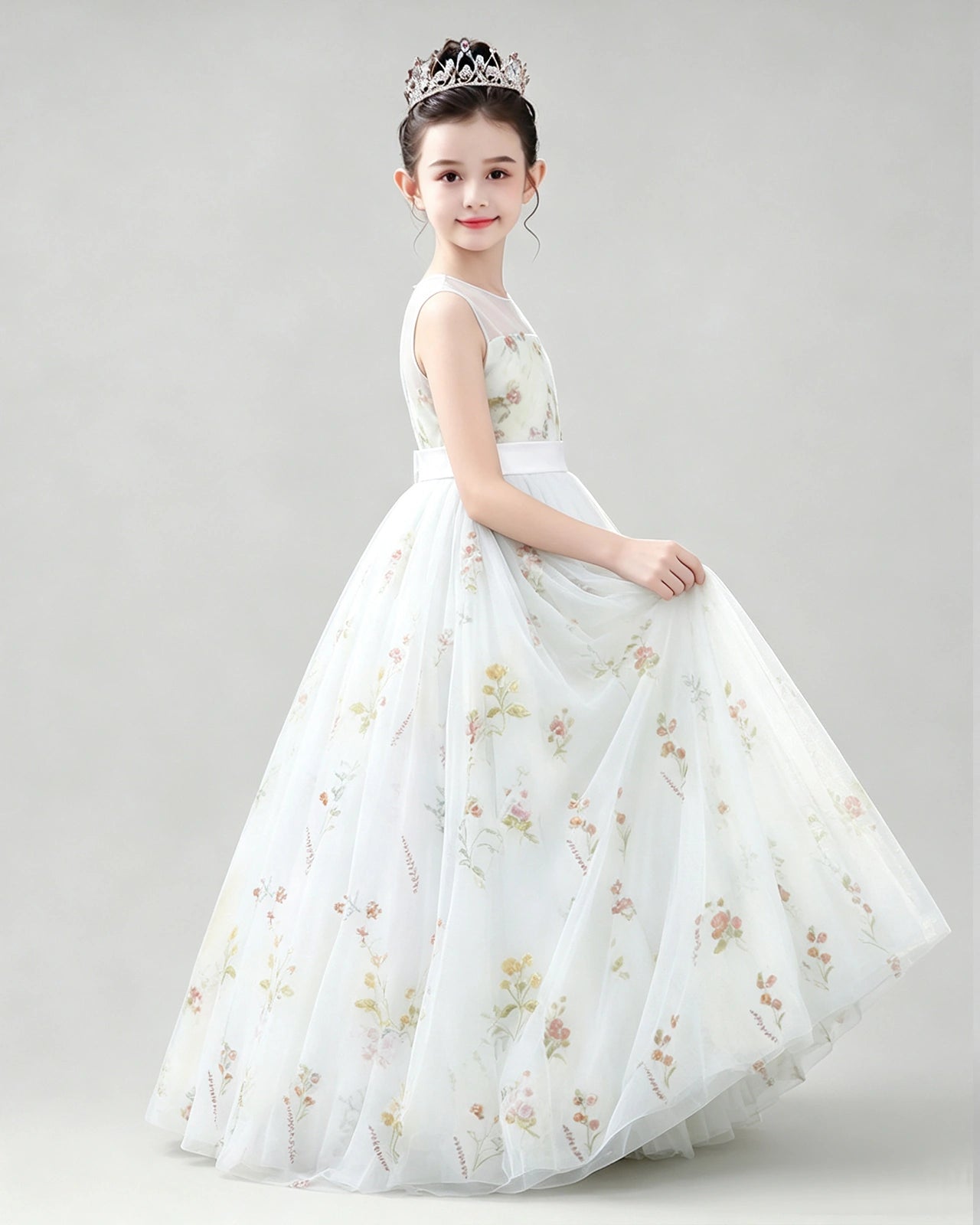 Dideyttawl Girls Formal Dress with Floral Embroidery and Illusion Tulle Skirt