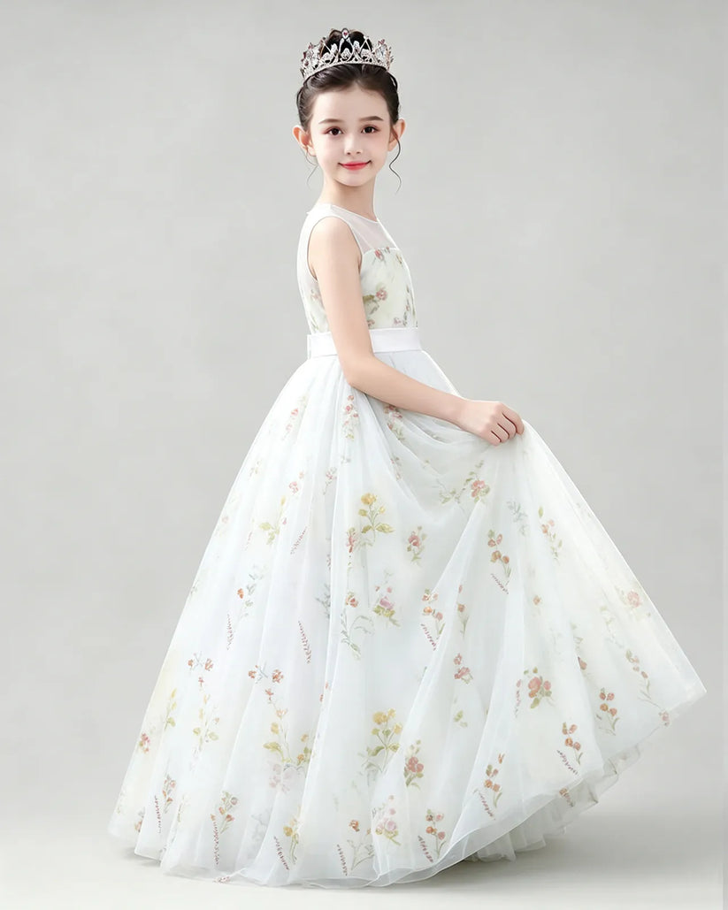 White Tulle A-line Girls Formal Dress Side View