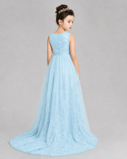 Baby Blue Tulle A-line Girls Formal Dress Back View
