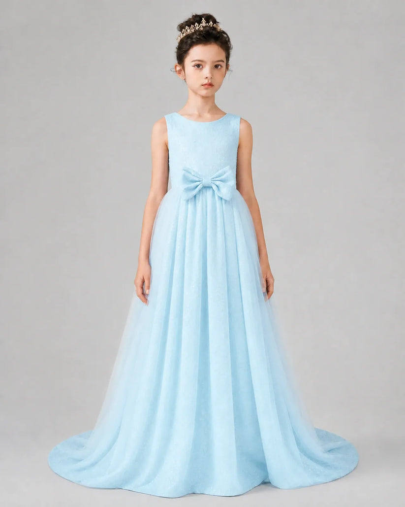 Baby Blue Tulle A-line Girls Formal Dress Front View