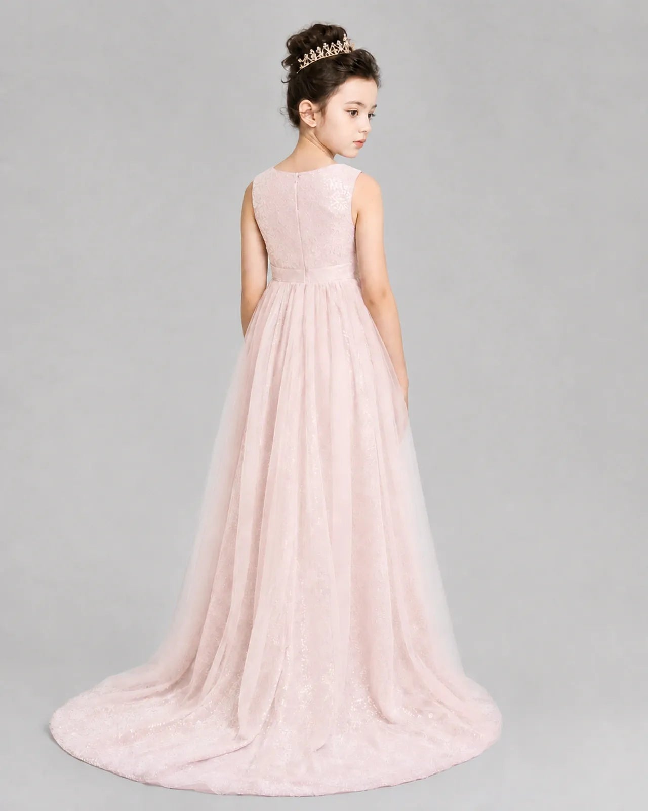 Blush Pink Tulle A-line Girls Formal Dress Back View