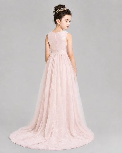 Blush Pink Tulle A-line Girls Formal Dress Back View