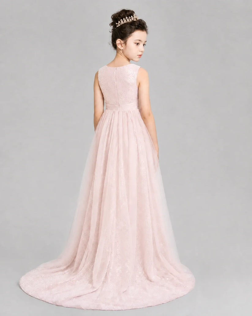 Blush Pink Tulle A-line Girls Formal Dress Back View