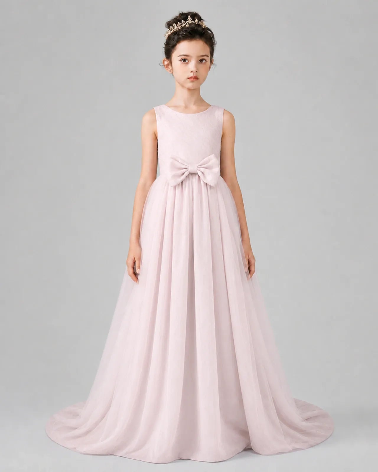 Blush Pink Tulle A-line Girls Formal Dress Front View