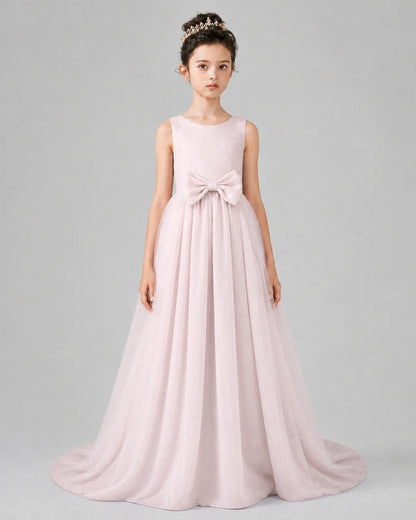 Blush Pink Tulle A-line Girls Formal Dress Front View