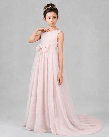 Blush Pink Tulle A-line Girls Formal Dress Front View