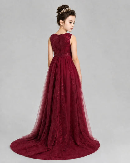 Burgundy Tulle A-line Girls Formal Dress Back View