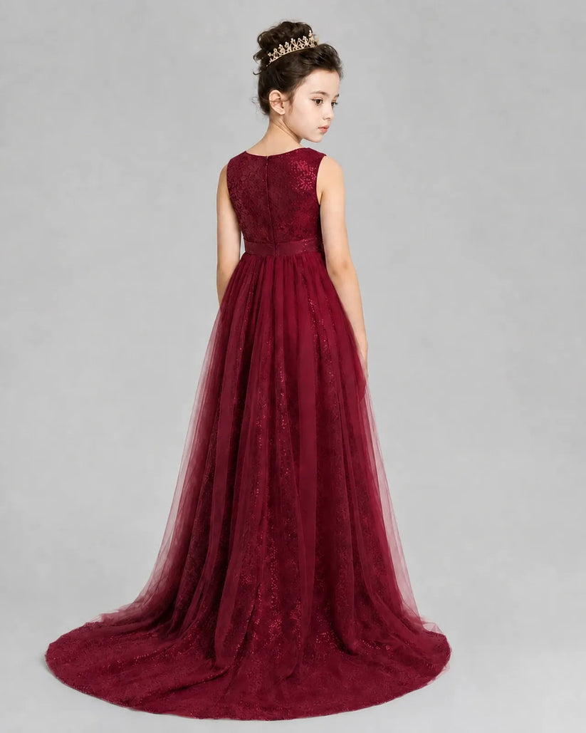 Burgundy Tulle A-line Girls Formal Dress Back View