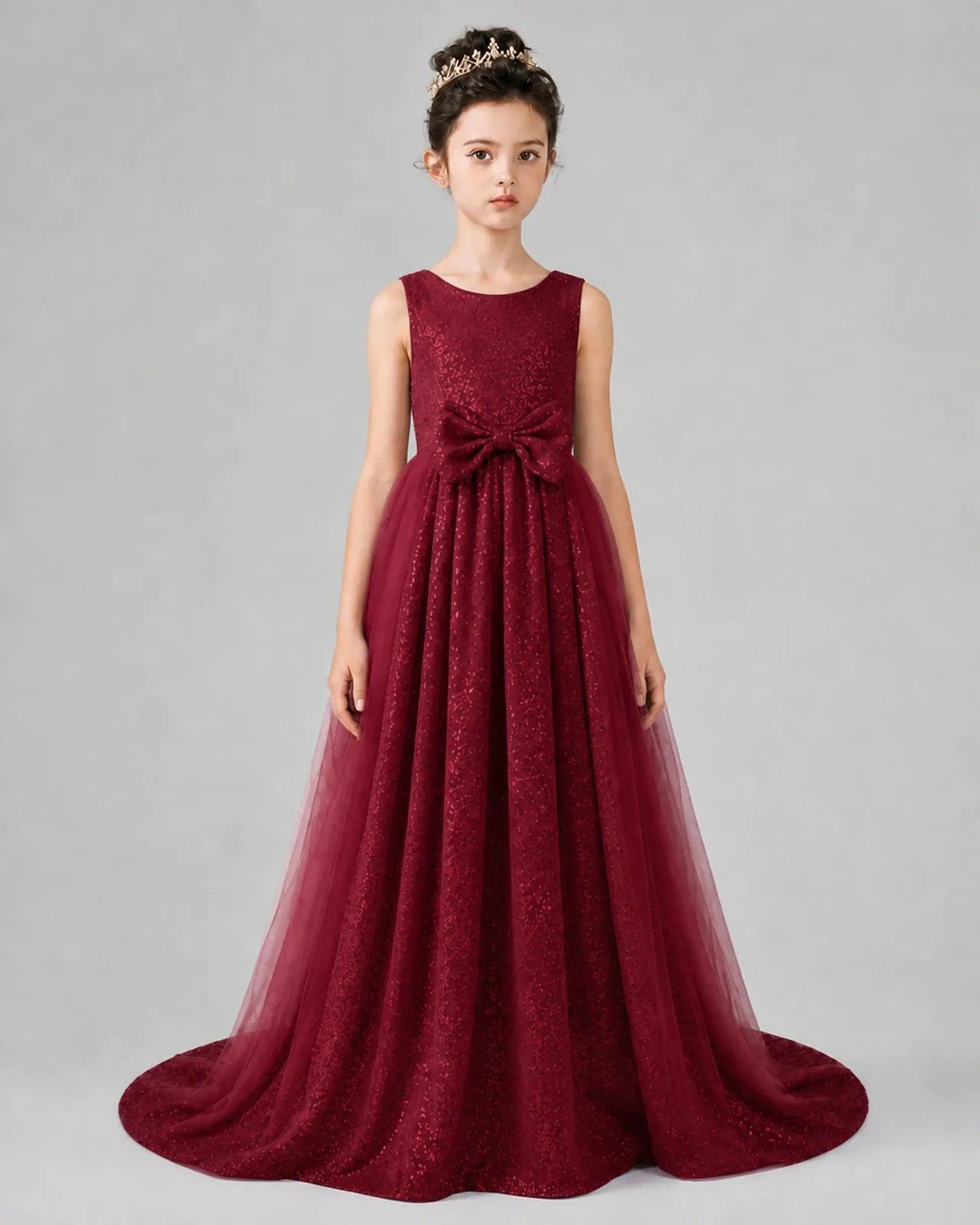 Burgundy Tulle A-line Girls Formal Dress Front View