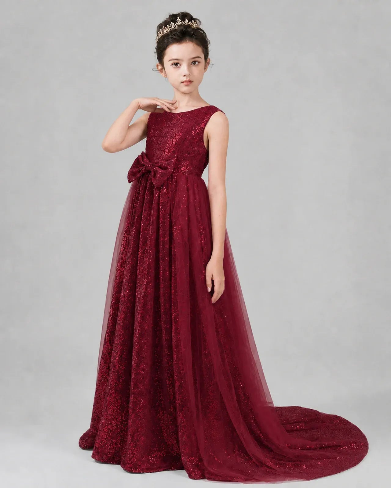 Burgundy Tulle A-line Girls Formal Dress Front View