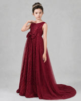 Burgundy Tulle A-line Girls Formal Dress Front View