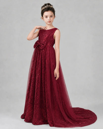 Burgundy Tulle A-line Girls Formal Dress Front View