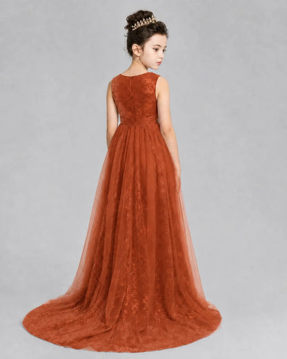 Burnt Orange Tulle A-line Girls Formal Dress Back View