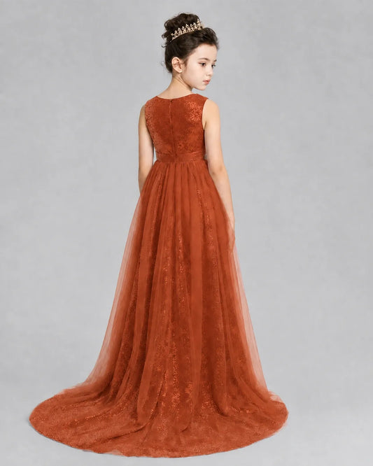 Burnt Orange Tulle A-line Girls Formal Dress Back View