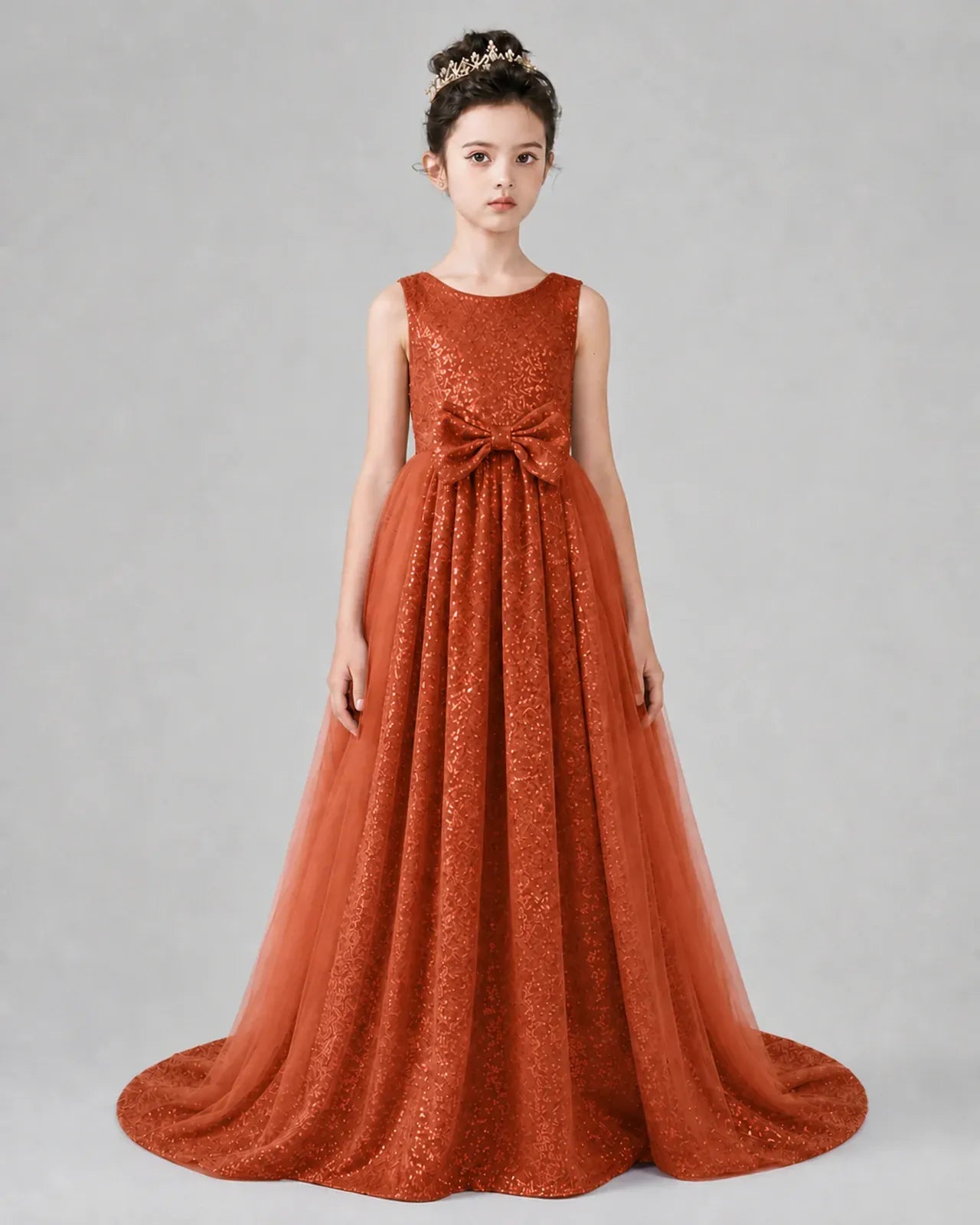 Burnt Orange Tulle A-line Girls Formal Dress Front View