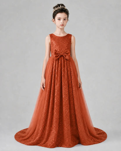 Burnt Orange Tulle A-line Girls Formal Dress Front View