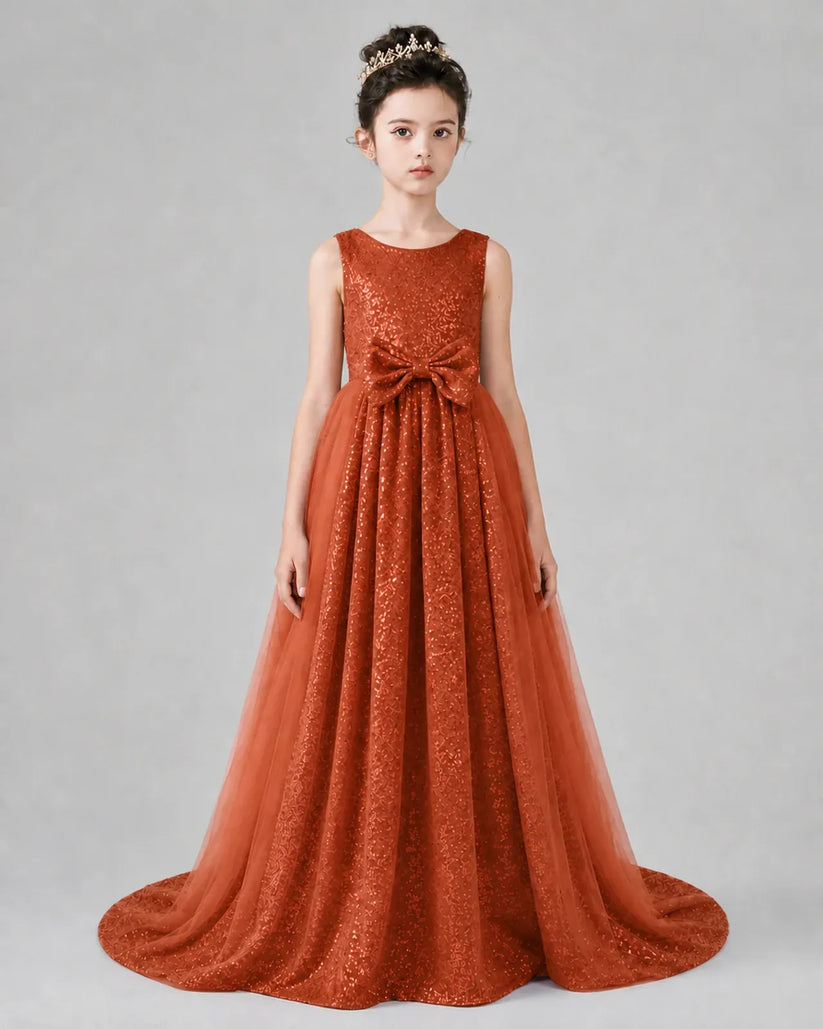 Burnt Orange Tulle A-line Girls Formal Dress Front View