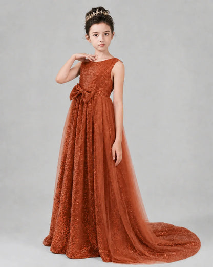 Burnt Orange Tulle A-line Girls Formal Dress Front View