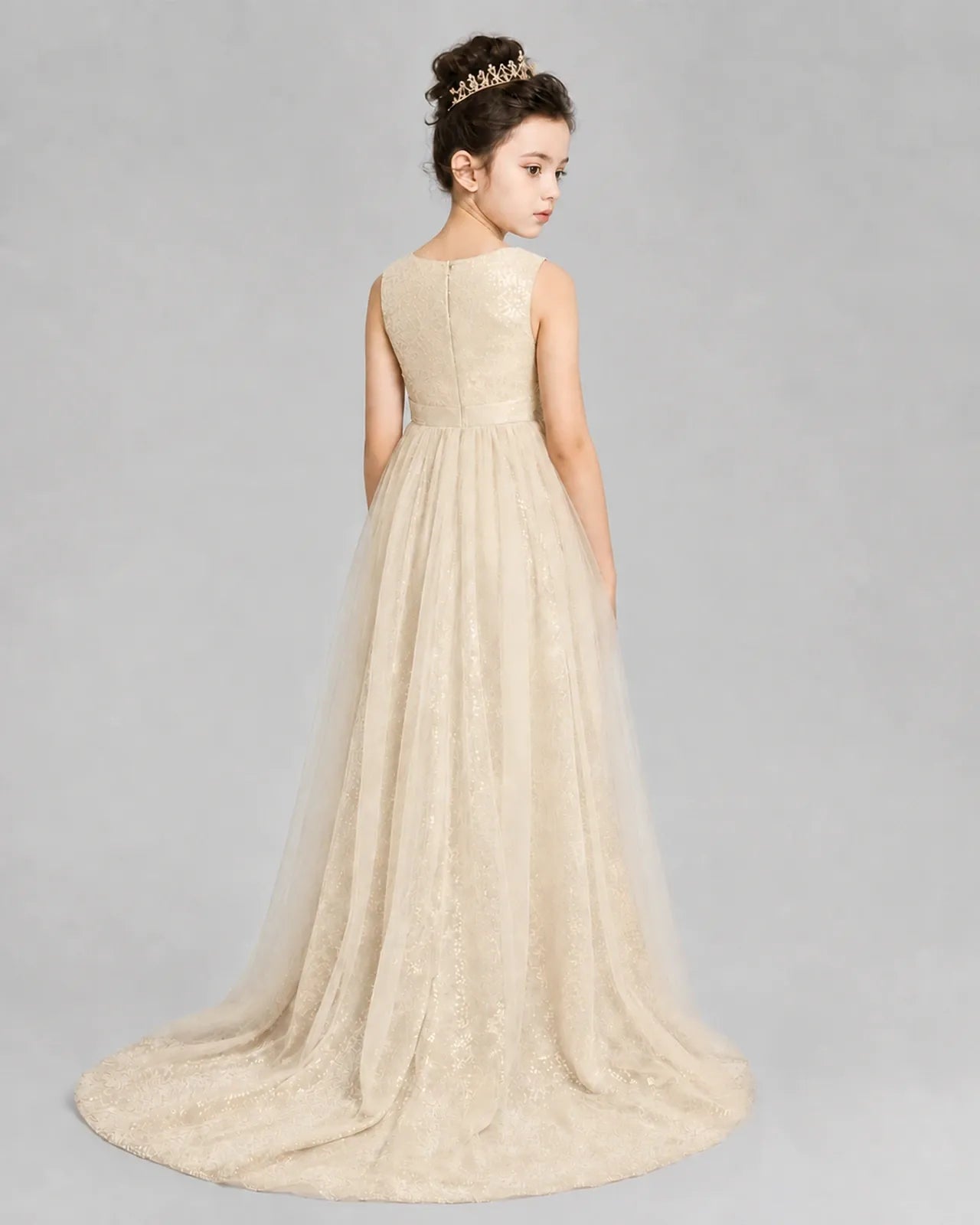 Champagne Tulle A-line Girls Formal Dress Back View
