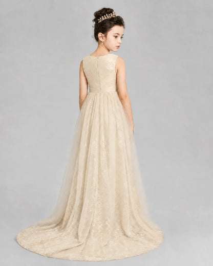 Champagne Tulle A-line Girls Formal Dress Back View
