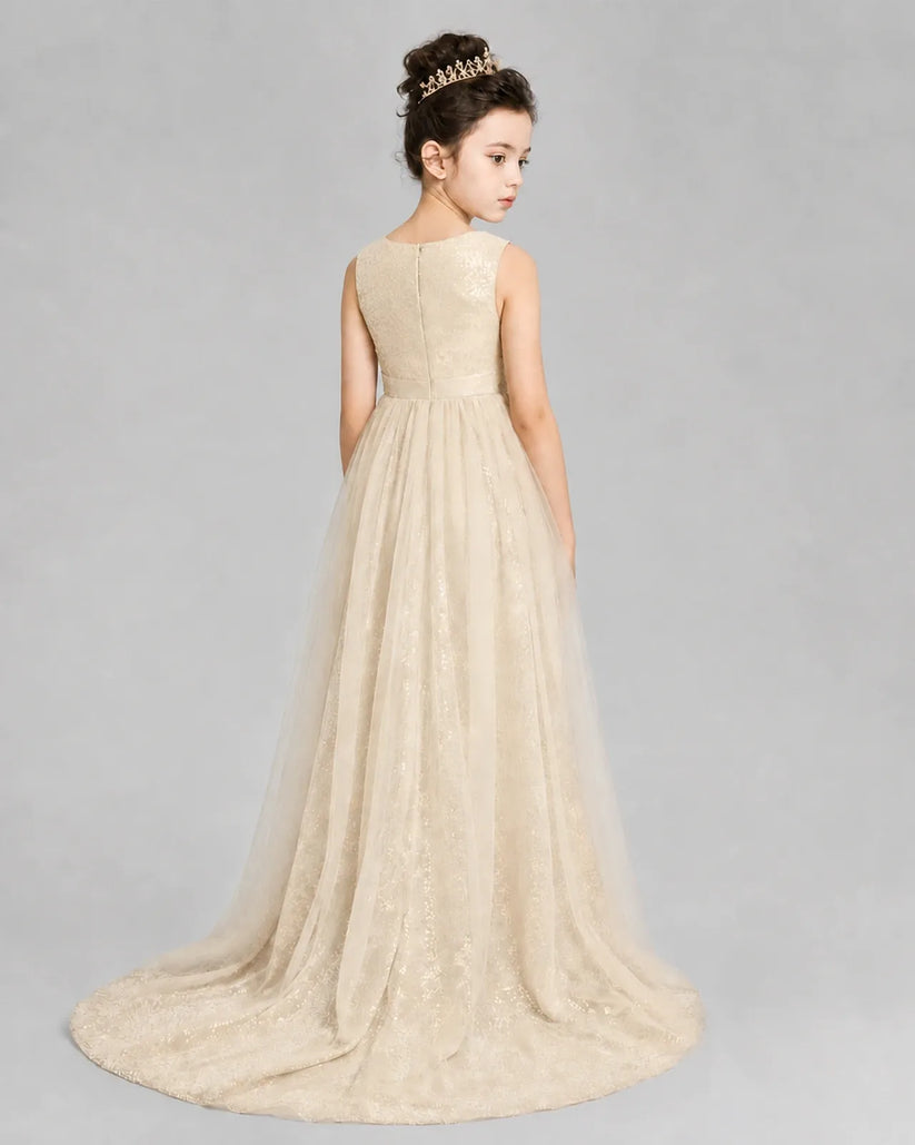 Champagne Tulle A-line Girls Formal Dress Back View