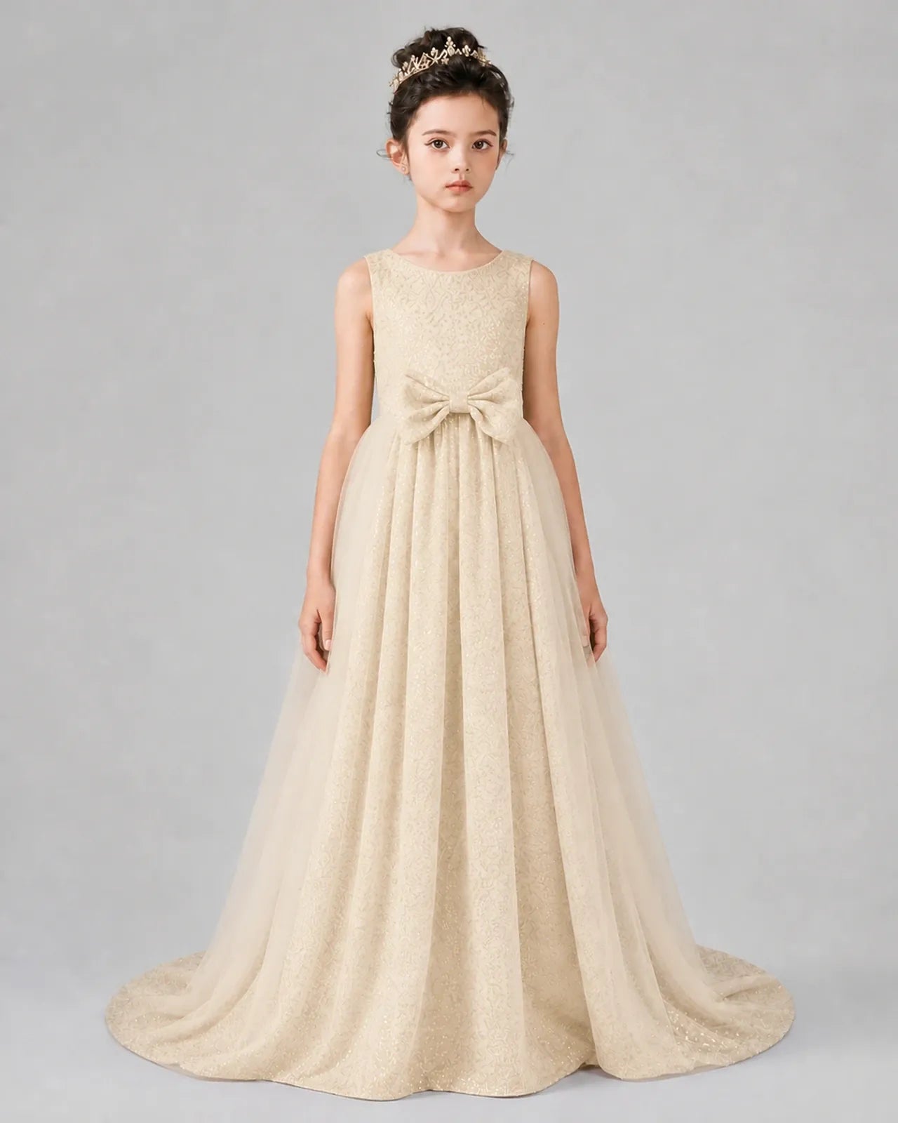 Champagne Tulle A-line Girls Formal Dress Front View