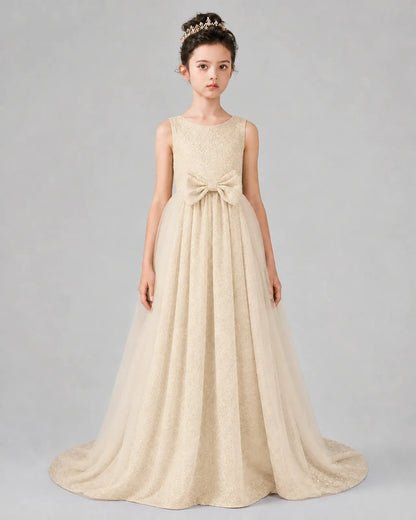 Champagne Tulle A-line Girls Formal Dress Front View