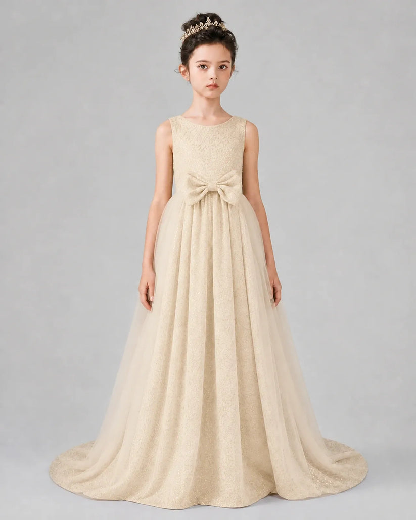 Champagne Tulle A-line Girls Formal Dress Front View
