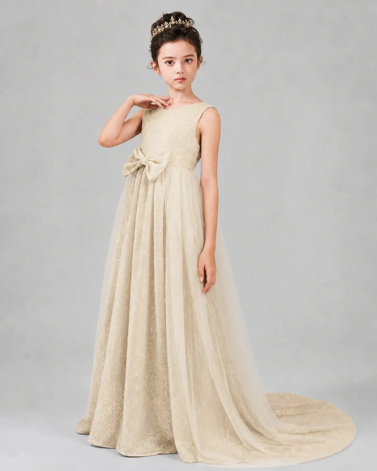 Champagne Tulle A-line Girls Formal Dress Front View