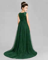 Dark Green Tulle A-line Girls Formal Dress Back View
