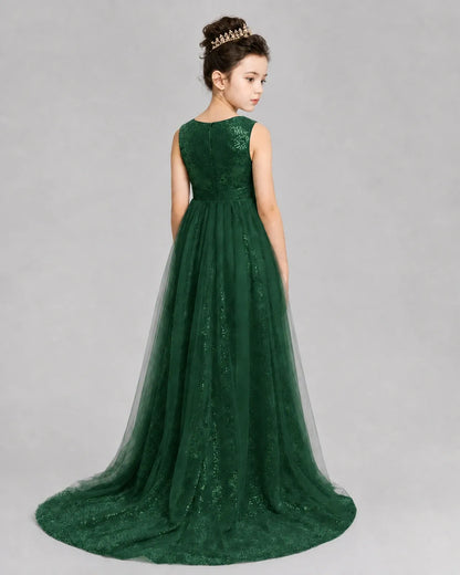 Dark Green Tulle A-line Girls Formal Dress Back View