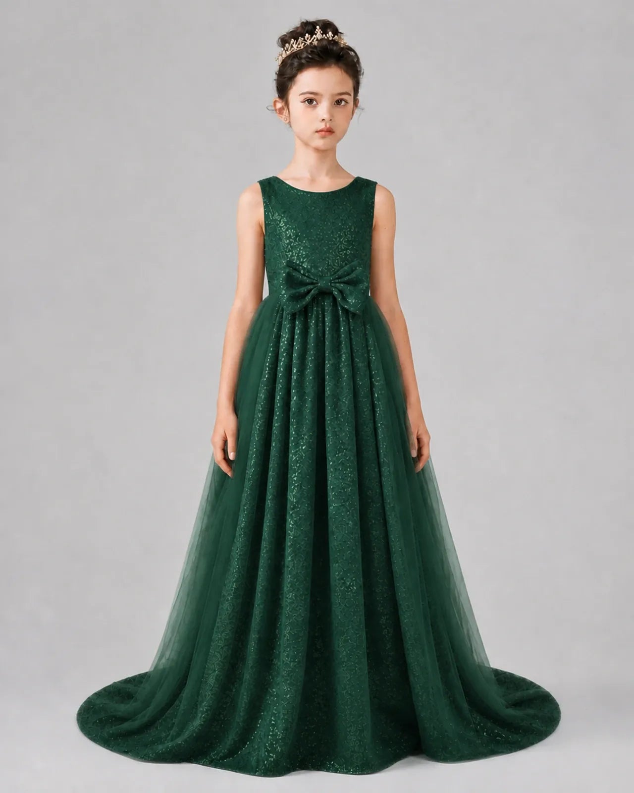 Dark Green Tulle A-line Girls Formal Dress Front View