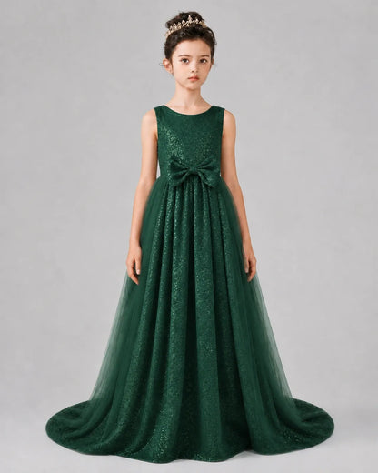 Dark Green Tulle A-line Girls Formal Dress Front View