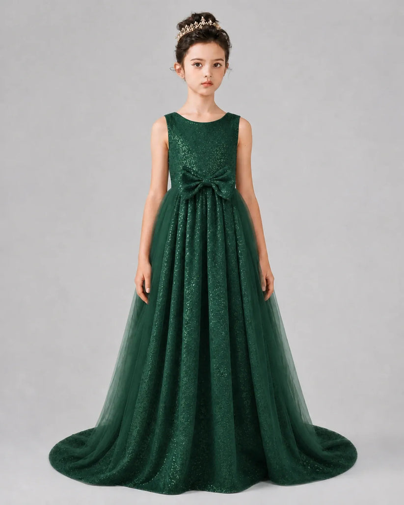 Dark Green Tulle A-line Girls Formal Dress Front View