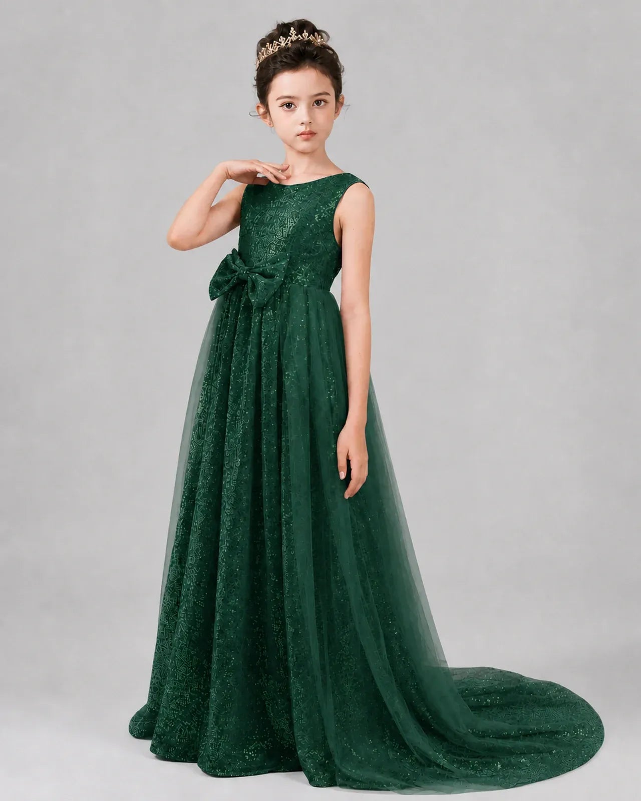 Dark Green Tulle A-line Girls Formal Dress Front View