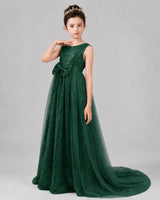 Dark Green Tulle A-line Girls Formal Dress Front View
