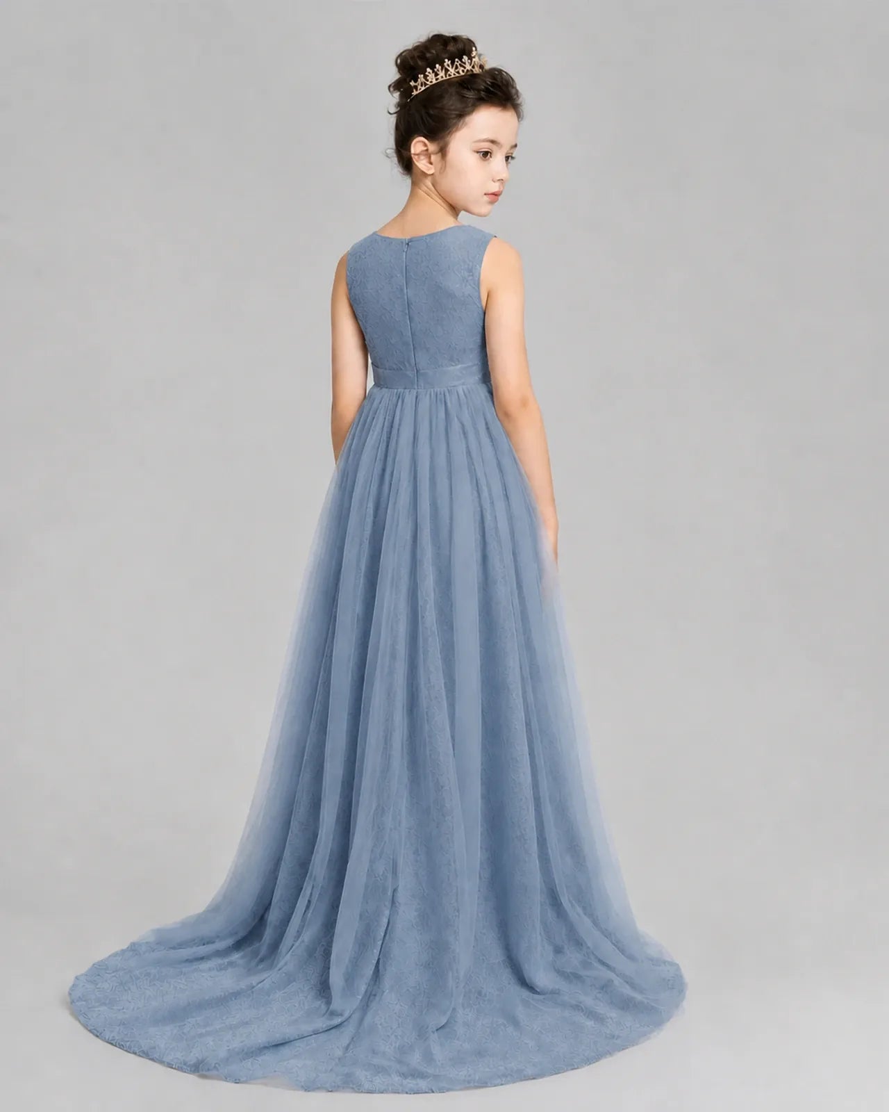 Dusty Blue Tulle A-line Girls Formal Dress Back View