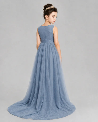 Dusty Blue Tulle A-line Girls Formal Dress Back View