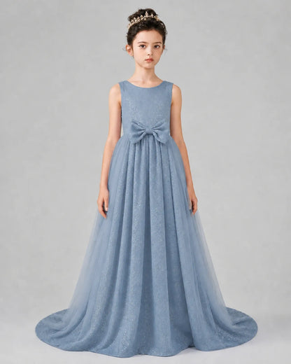 Dusty Blue Tulle A-line Girls Formal Dress Front View