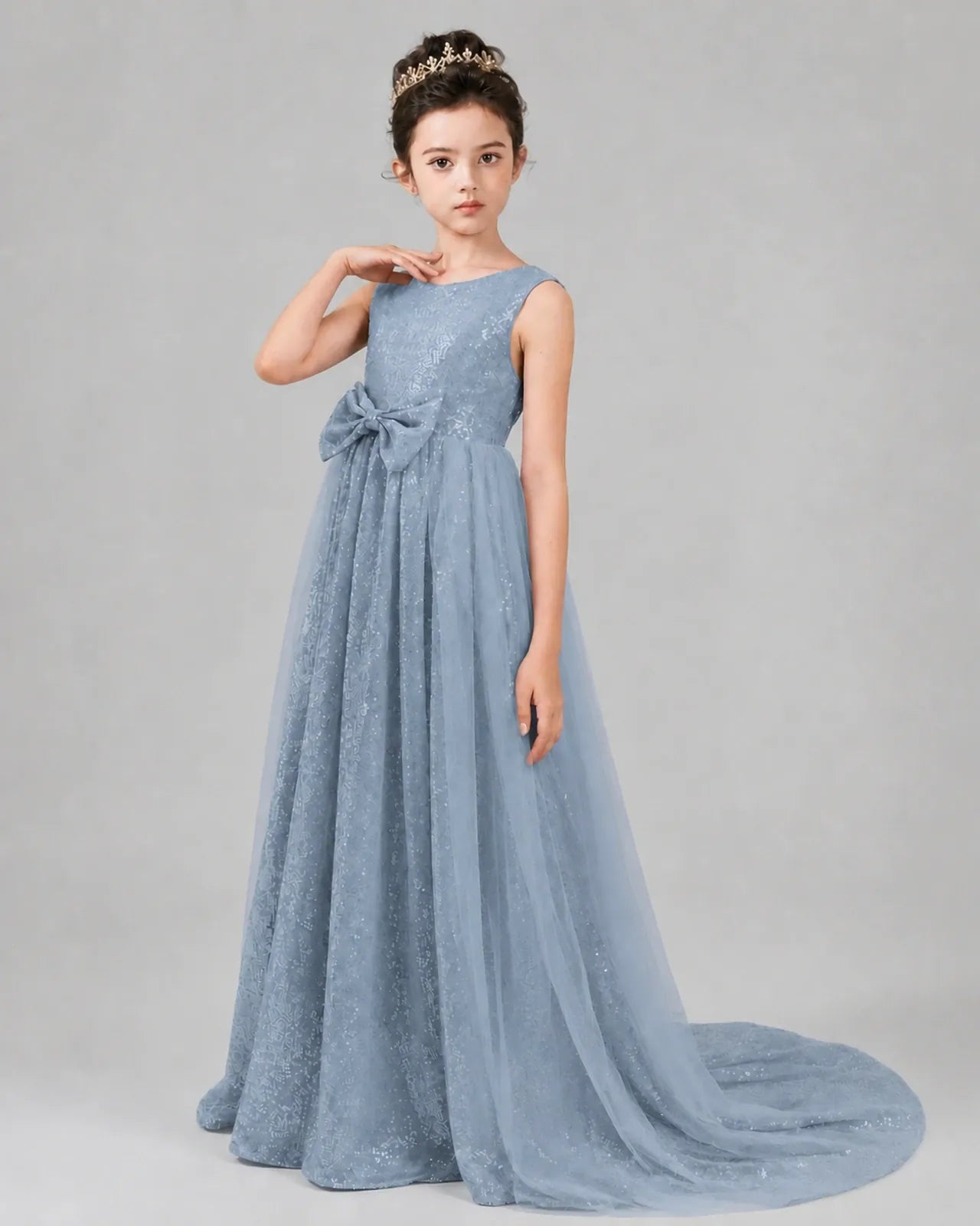 Dusty Blue Tulle A-line Girls Formal Dress Front View